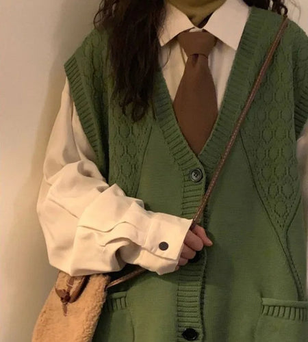 Autumn Grunge Loose Knitted Women's Tanks Casual All Match Sleeveless Pullovers Y2k Aesthetic Harajuku Streetwear Sweater Vest