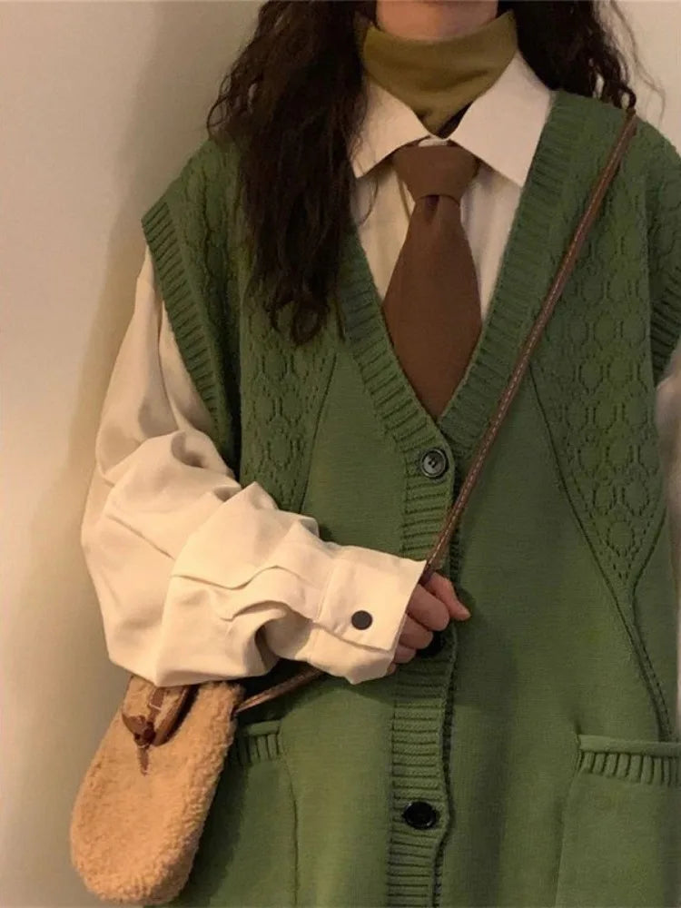 Autumn Grunge Loose Knitted Women's Tanks Casual All Match Sleeveless Pullovers Y2k Aesthetic Harajuku Streetwear Sweater Vest