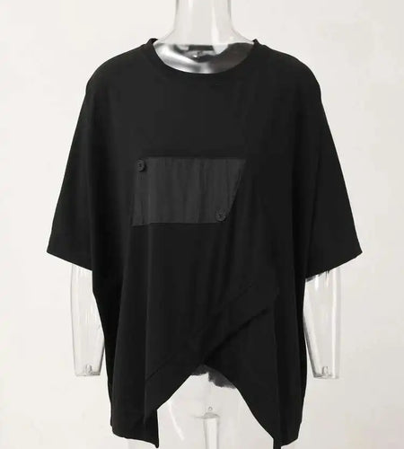 Women White Irregular Hem Spliced Big Size T-shirt New Round Neck Short Sleeve Fashion Tide Spring Summer 2025 1DH5359