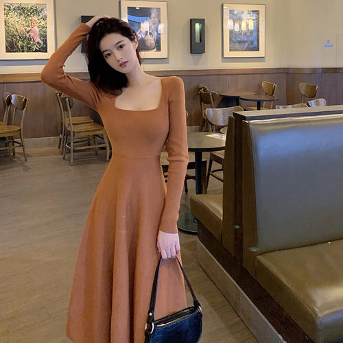 Load image into Gallery viewer, Korean Women's Retro Solid Square Neck Long Sleeve Knit Slim Pleated Dress Elegant Holiday Party Long Dress Autumn Chic
