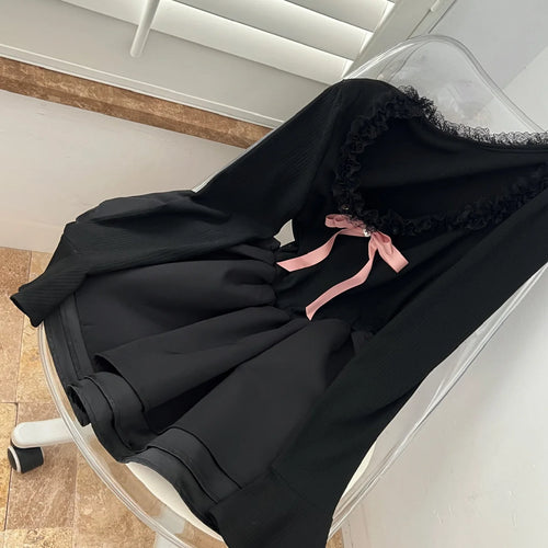 Load image into Gallery viewer, Vintage Black Elegant Long Sleeves O Neck Slim Short Dress Fashion High Waist Bow Ruffles Evening Dress Autumn Winter Clothing
