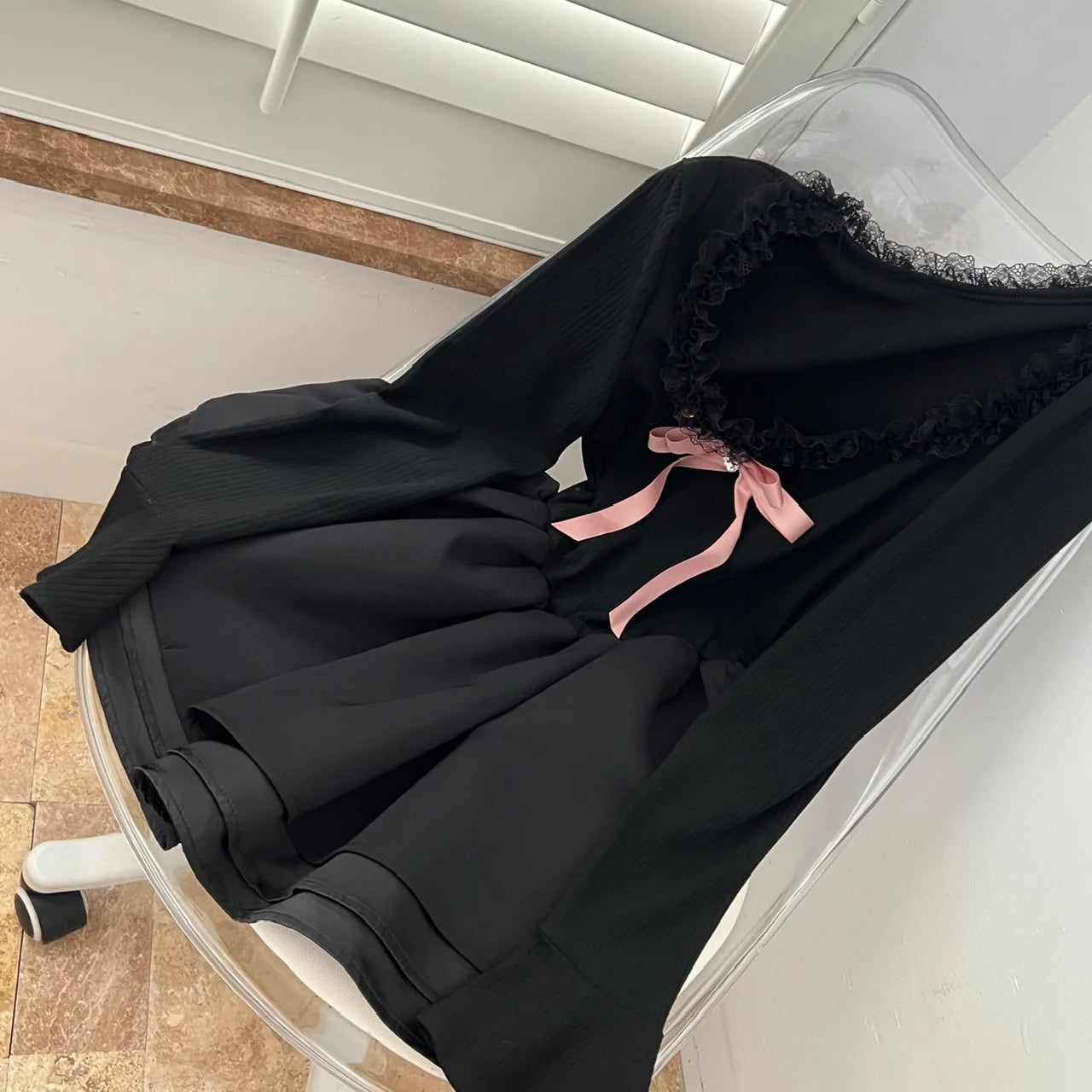 Vintage Black Elegant Long Sleeves O Neck Slim Short Dress Fashion High Waist Bow Ruffles Evening Dress Autumn Winter Clothing