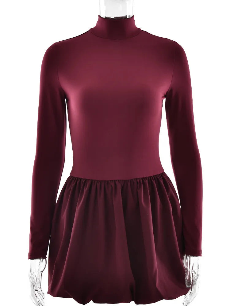 Elegant Long Sleeved Pleated Dress For Women Stretchy Tight High Neck Winter Skirt Double-layer Slim Vestido 2025