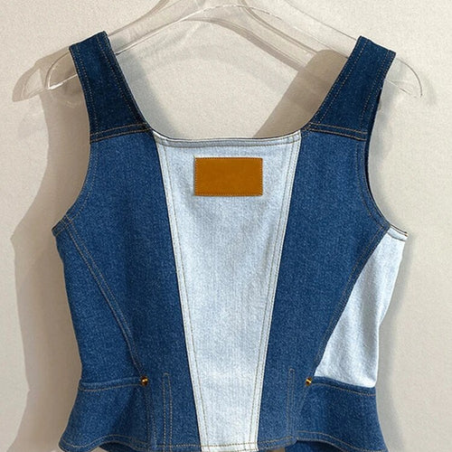 Load image into Gallery viewer, Denim Tank Tops For Women Square Collar Sleeveless Tunic Patchwork Button Split Off Shoulder Vest Female Fashion
