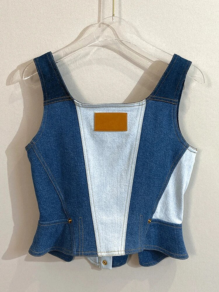 Denim Tank Tops For Women Square Collar Sleeveless Tunic Patchwork Button Split Off Shoulder Vest Female Fashion