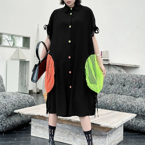 Load image into Gallery viewer, Women Black Color-block Grid Pocket Big Size Shirt Dress New Lapel Short Sleeve Fashion Tide Spring Summer 2025 1DJ1332

