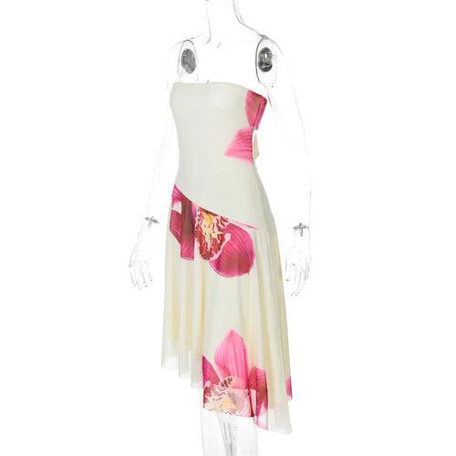 Load image into Gallery viewer, Floral Print Sexy Midi Dress Women Gown Summer New Strapless Off-shoulder Sleeveless Backless Irregular Ruffle Dress
