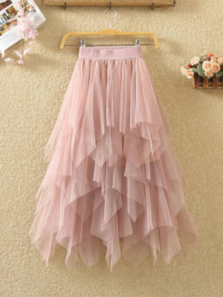 Women irregular Tulle Skirts Fashion Elastic High Waist Mesh Tutu Skirt Pleated Long Skirts Midi Skirt Saias Faldas Jupe Femmle