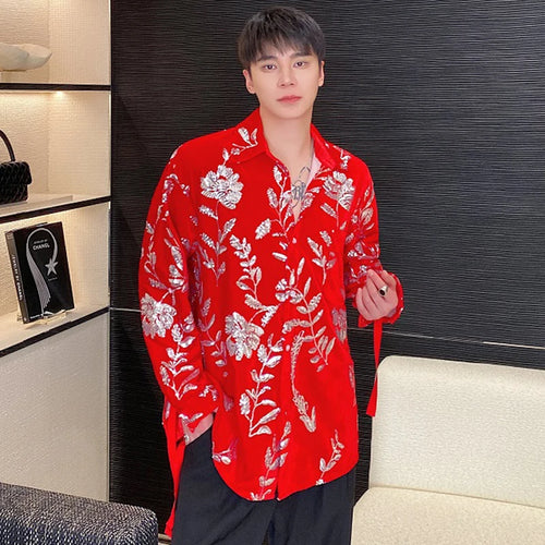 Load image into Gallery viewer, Personality Velvet Male Shirts Lace-up Sequin Embroidery Turn-down Collar Contrast Color Men&#39;s Long Sleeve Tops Tide 9C4984

