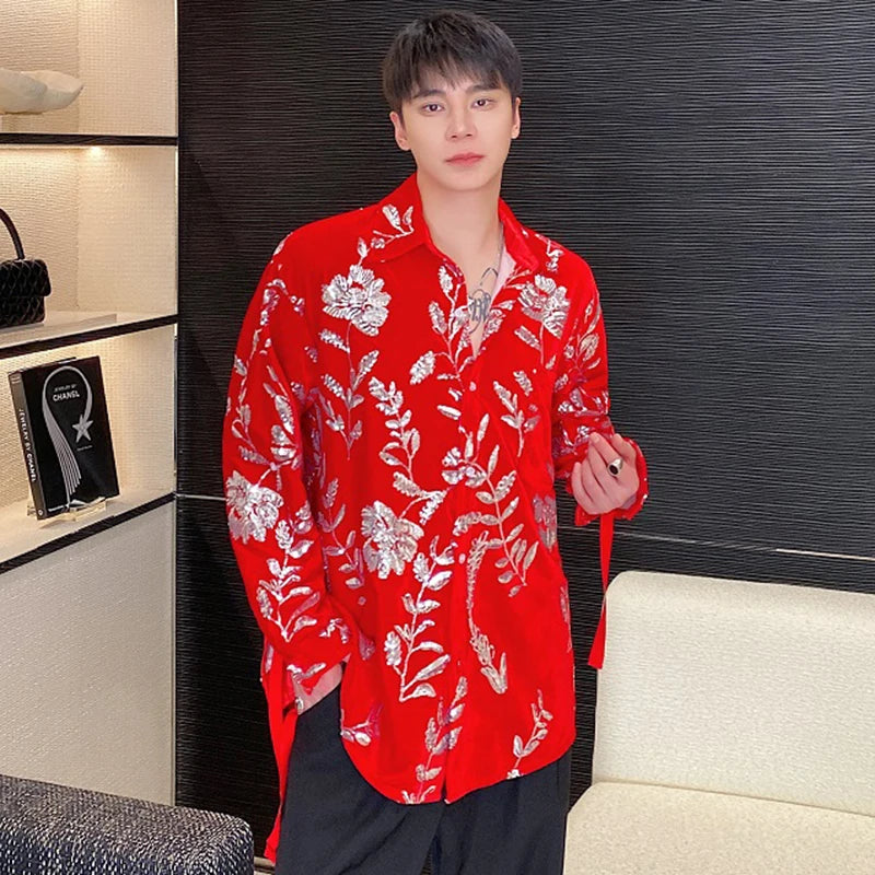 Personality Velvet Male Shirts Lace-up Sequin Embroidery Turn-down Collar Contrast Color Men's Long Sleeve Tops Tide 9C4984
