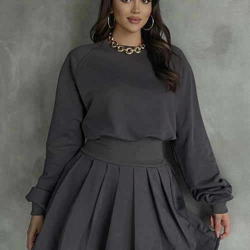 Load image into Gallery viewer, Fashion 2 Pcs Matching Sets Solid Long Sleeve Loose Sweatshirt Pleated Skirt Fall Women Y2K Clothes Streetwear Festival
