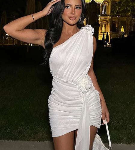 Elegant Single Shoulder 3D Flower Shrinking Tight Short Skirt For Women 2024 Summer New Dress Party Club Evening Dress