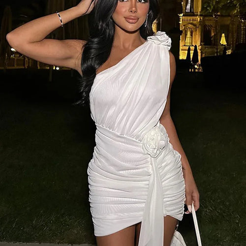 Load image into Gallery viewer, Elegant Single Shoulder 3D Flower Shrinking Tight Short Skirt For Women 2024 Summer New Dress Party Club Evening Dress
