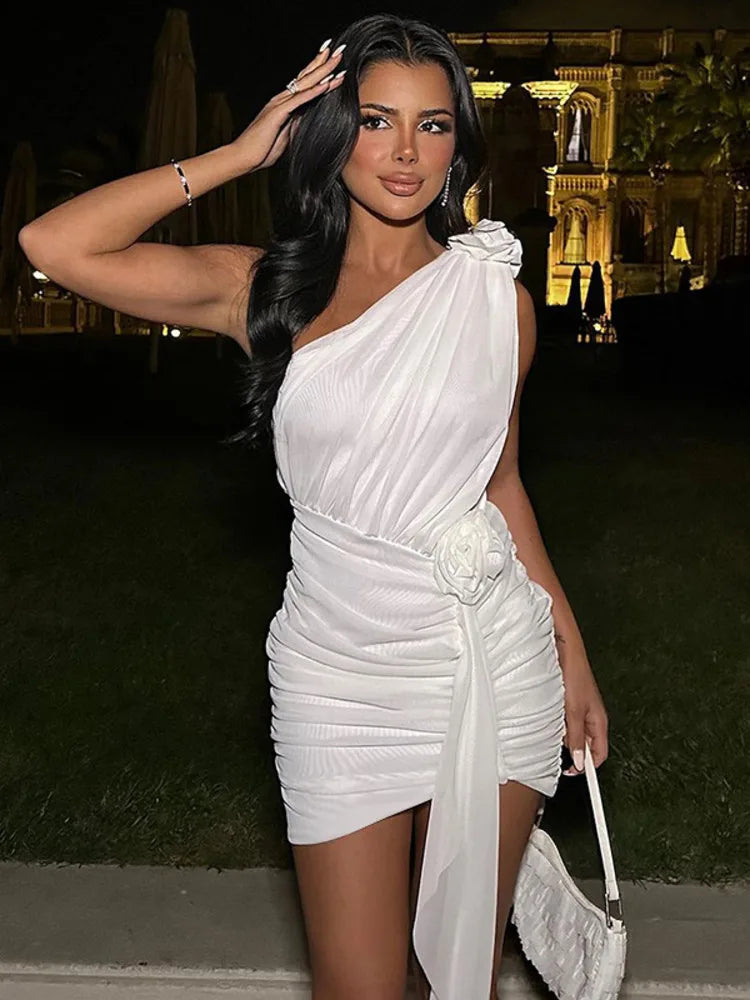 Elegant Single Shoulder 3D Flower Shrinking Tight Short Skirt For Women 2024 Summer New Dress Party Club Evening Dress