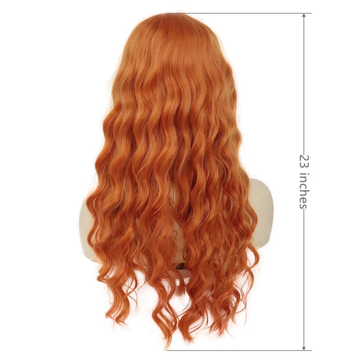 Load image into Gallery viewer, Red Ginger Copper Synthetic Wig for Women Long Curly Wave Wigs with Bangs Cosplay Heat Resistant Hair Halloween Costume Wigs
