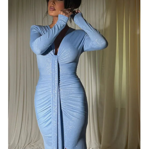 Load image into Gallery viewer, Elegant Long Sleeved Lace Up Pleated Evening Dress For Women Vneck Bodycon Elastic Maxi Dress Female Party Club Vestidos
