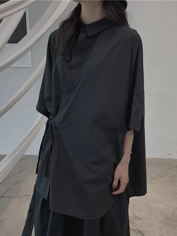 Women White Bandage Big Size Elegant Blouse New Lapel Three-quarter Sleeve Shirt Fashion Tide Spring Autumn 2025 1DJ1666