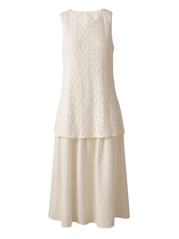 Women Beige Knitting Spliced Elegant Midi Vest Dress New Round Neck Sleeveless Fashion Tide Spring Summer 2025 CPG3068