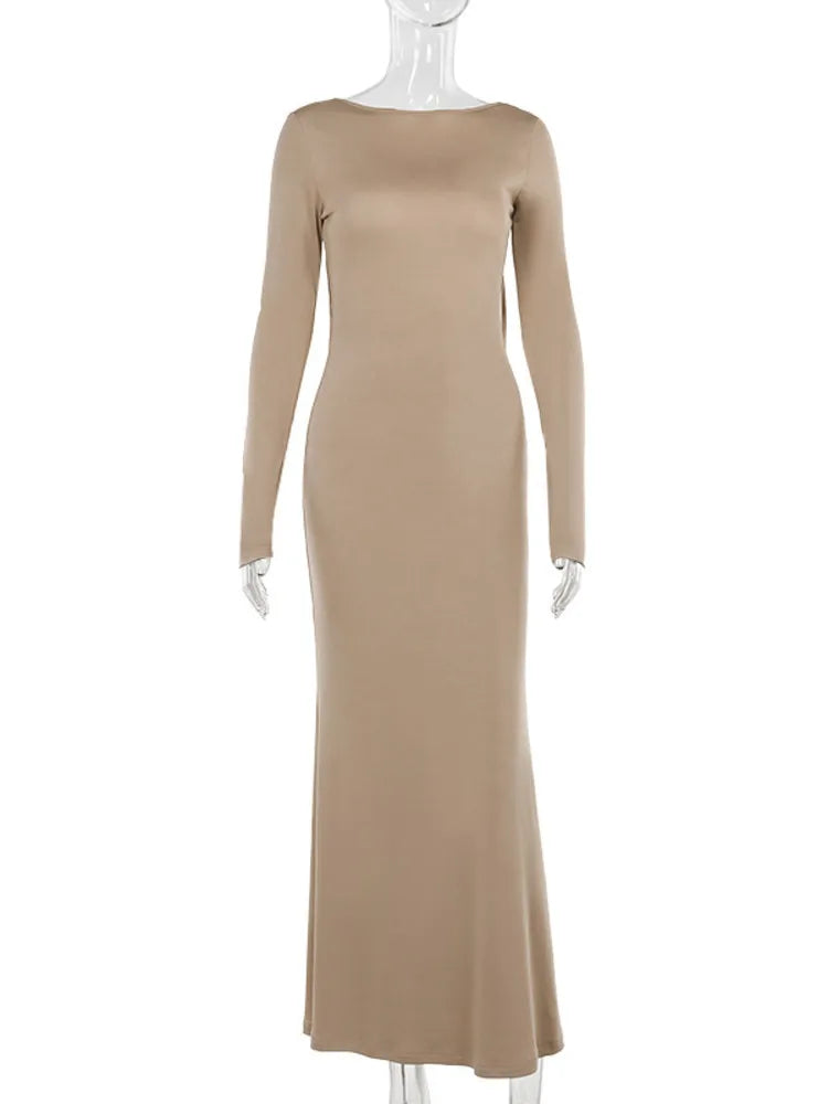Sexy Long Sleeve Backless Bodycon Maxi Dress Women Slim High Waist Elegant O-neck Holiday Dress Ladies Outfits Autumn
