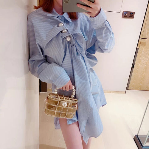 Load image into Gallery viewer, Casual Patchwork Pearl Dress For Women Lapel Long Sleeve Irregular Striped Shirt Dresses Female Fashion Spring
