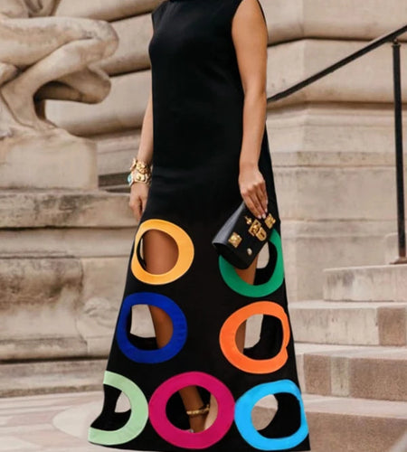 Women Sleeveless Dresses Black Clothing 2025 Summer Spring Shawl Collar Colorful Hollow Prom Party A-line Formal Dress