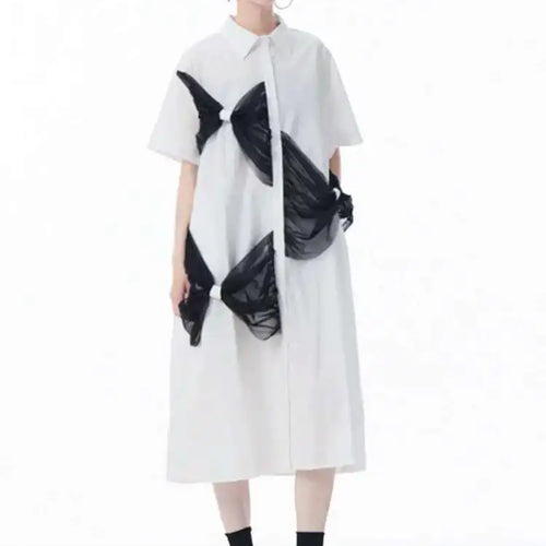 Load image into Gallery viewer, Women White Mesh Bow Color-block Big Size Shirt Dress New Lapel Short Sleeve Fashion Tide Spring Summer 2025 1DJ0048
