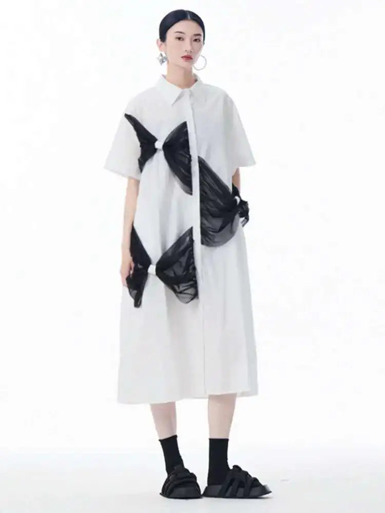 Women White Mesh Bow Color-block Big Size Shirt Dress New Lapel Short Sleeve Fashion Tide Spring Summer 2025 1DJ0048