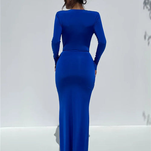 Load image into Gallery viewer, Deep V Neck Long Sleeve Split Maxi Dress Women Elegant Clubwear 2023 Autumn New Bodycon Ruched Sexy Long Dress
