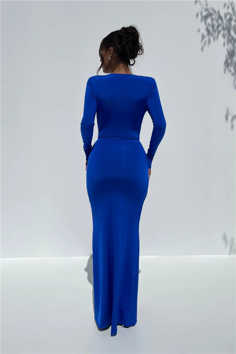 Deep V Neck Long Sleeve Split Maxi Dress Women Elegant Clubwear 2023 Autumn New Bodycon Ruched Sexy Long Dress