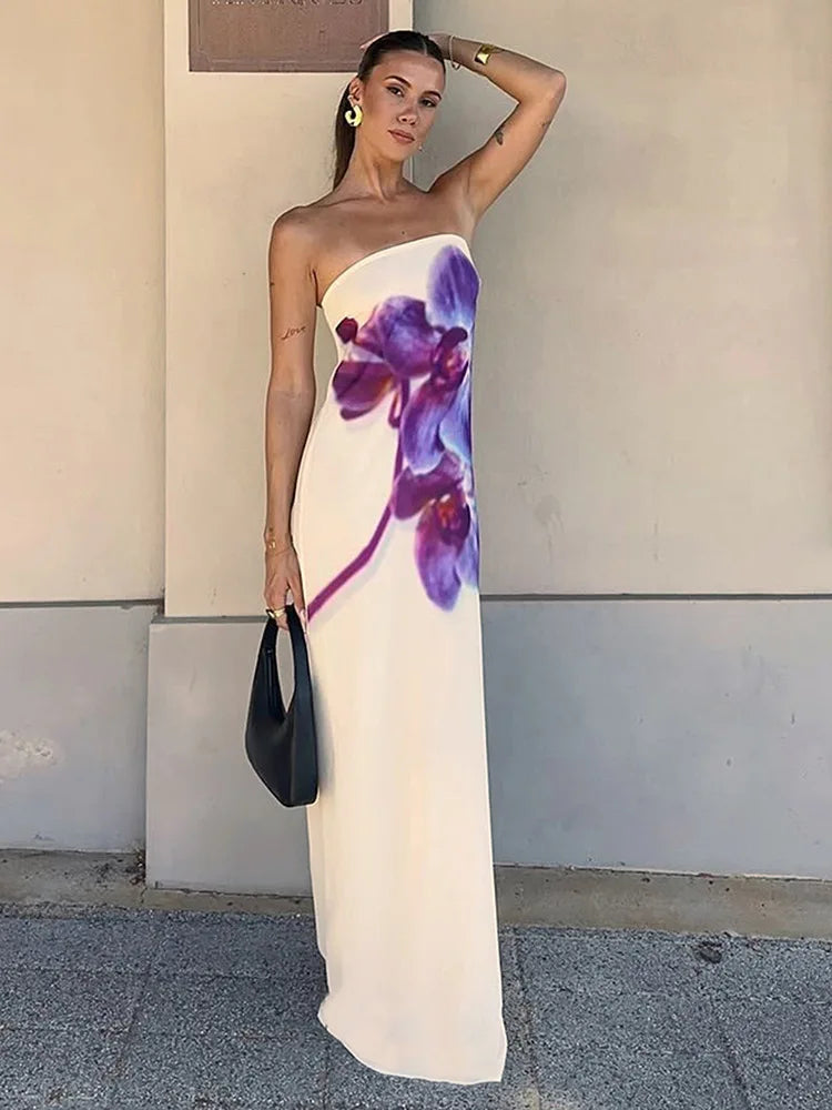 Floral Print Strapless Sexy Maxi Dress For Women Gown Off-shoulder Backless Sleeveless Elegant Long Dress Fashion