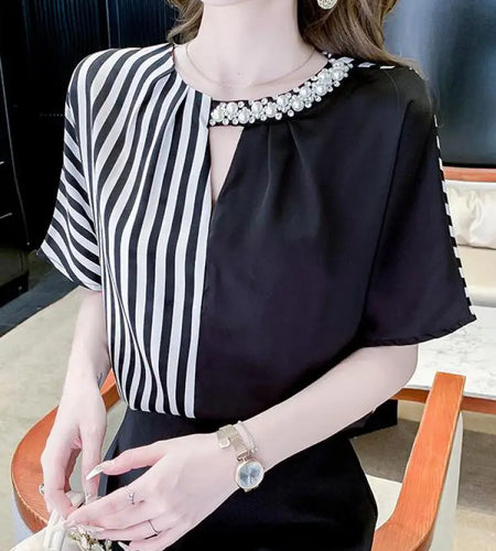 Hollow Out Versatile Stripe Patchwork Shirts 2023 Summer Female O-neck Short Sleeve Women Office Blouses Heavy Nailed Pearl Tops