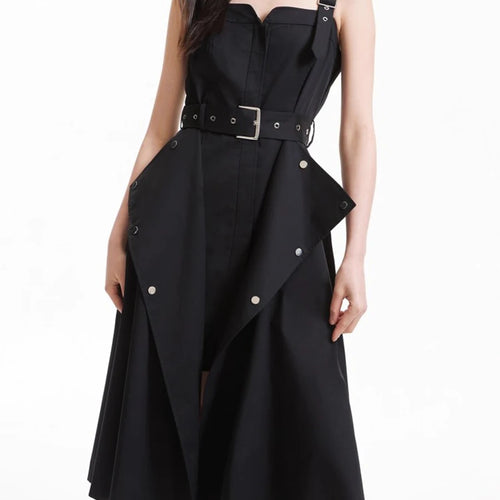 Load image into Gallery viewer, Slimming Spliced Lace Up Fashion Dresses for Women Square Neck Sleeveless Design Sense Dress Female Clothing New
