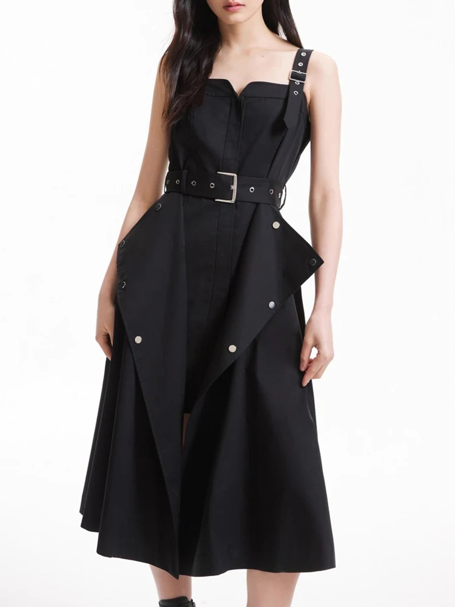 Slimming Spliced Lace Up Fashion Dresses for Women Square Neck Sleeveless Design Sense Dress Female Clothing New