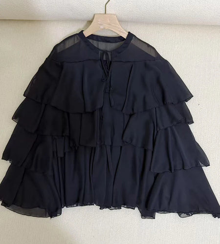 Loose Sheer Spliced Ruffles Causal Blouses for Women Round Neck Long Sleeves Patchwork Lace Up Blouse Female New