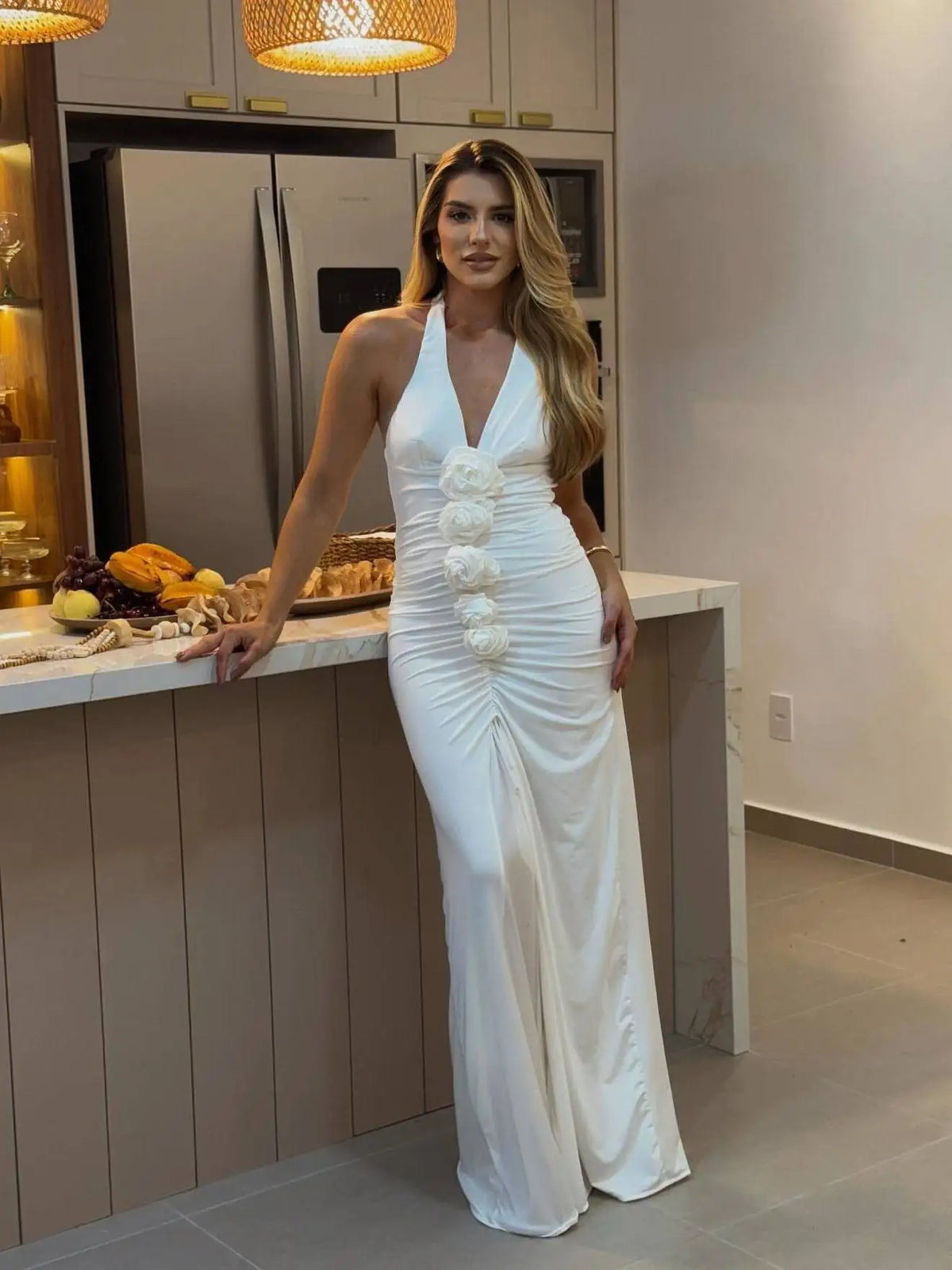 Elegant Sleeveless Slit Bodycon Flower Party Club Evening Dress Women Sexy Deep V Maxi Female Vestido Temperament Dress