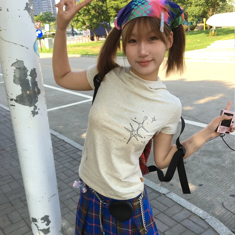 Japanese Y2k Stand Collar T-shirt Trashy 2000s Style Short Sleeve Tee Shirt Vintage Harajuku Streetwear American Retro