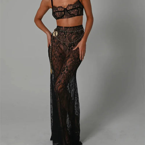 Load image into Gallery viewer, See Through Lace Two Piece Skirt Sets Women Crop Top And Maxi Skirt Sets Elegant Party Beach Sexy Two Piece Set
