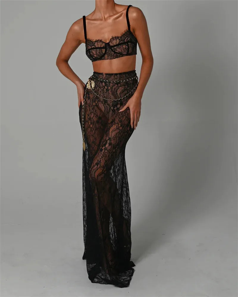 See Through Lace Two Piece Skirt Sets Women Crop Top And Maxi Skirt Sets Elegant Party Beach Sexy Two Piece Set