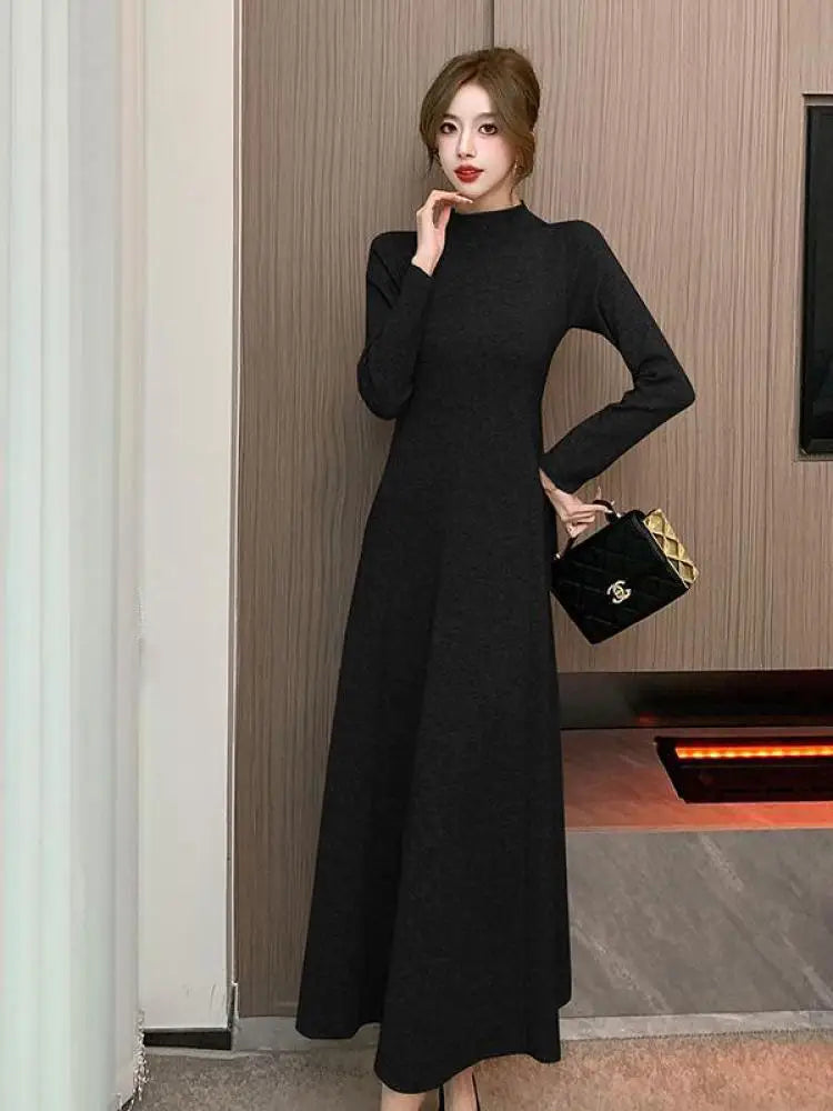 Solid Knitted Sweater Dresses For Women Party Clothing Half Turtleneck Autumn Winter 2023 A-line Warm Long Dress Vintage Casual