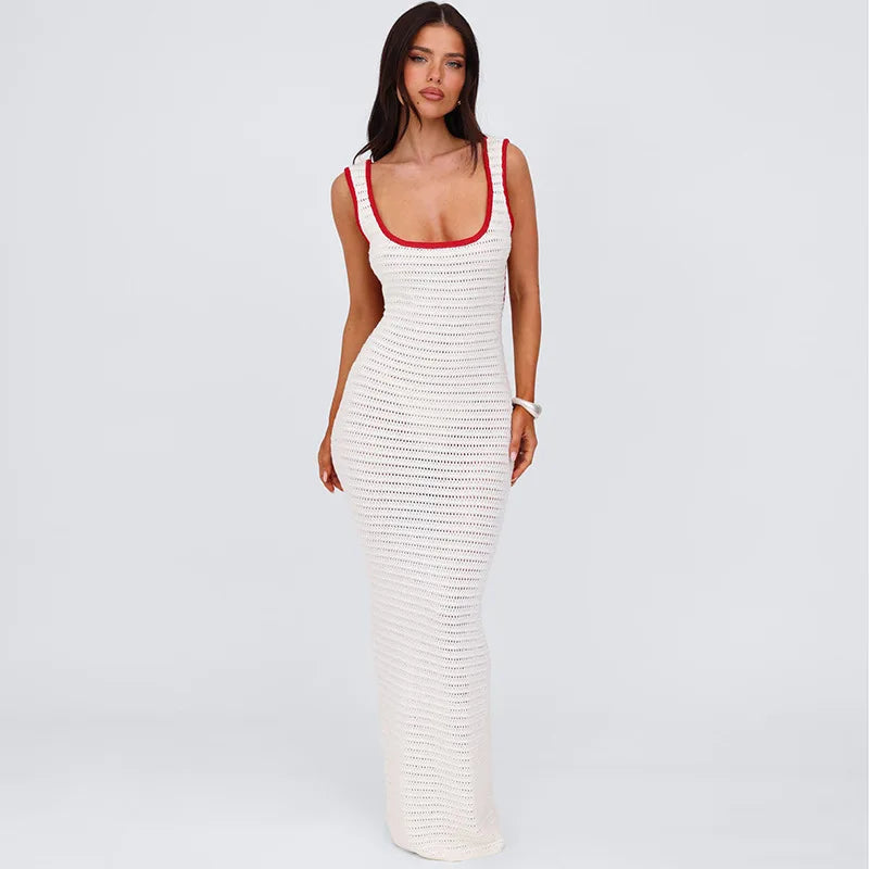 Hollow Out Backless Knit Maxi Dress For Women White Spaghetti Strap Sleeveless Bodycon Club Party Sexy Knitted Dress