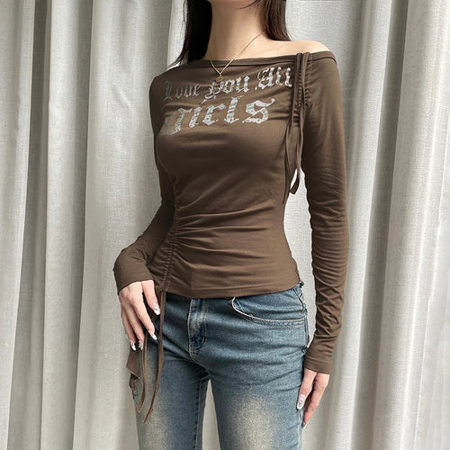 Load image into Gallery viewer, Asymmetrical Drawstring Letter Y2K Top Slim Harajuku Autumn Tee T-shirts Women Ribbon Skew Collar Shirring Retro Tops
