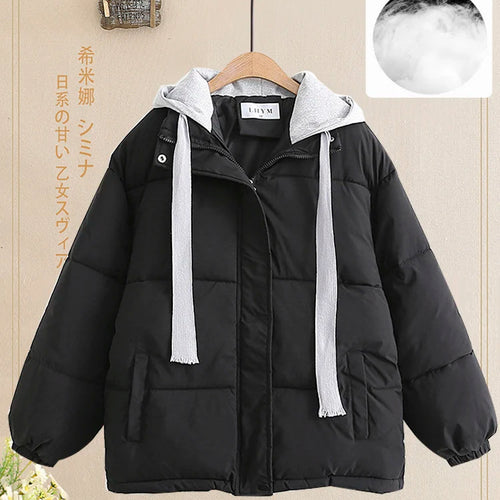 Load image into Gallery viewer, Women Autumn Winter Patchwork Long Sleeve Short Down Cotton Jacket Korean Version Elegant Hooded Bread Coat Casual Trend Fashion
