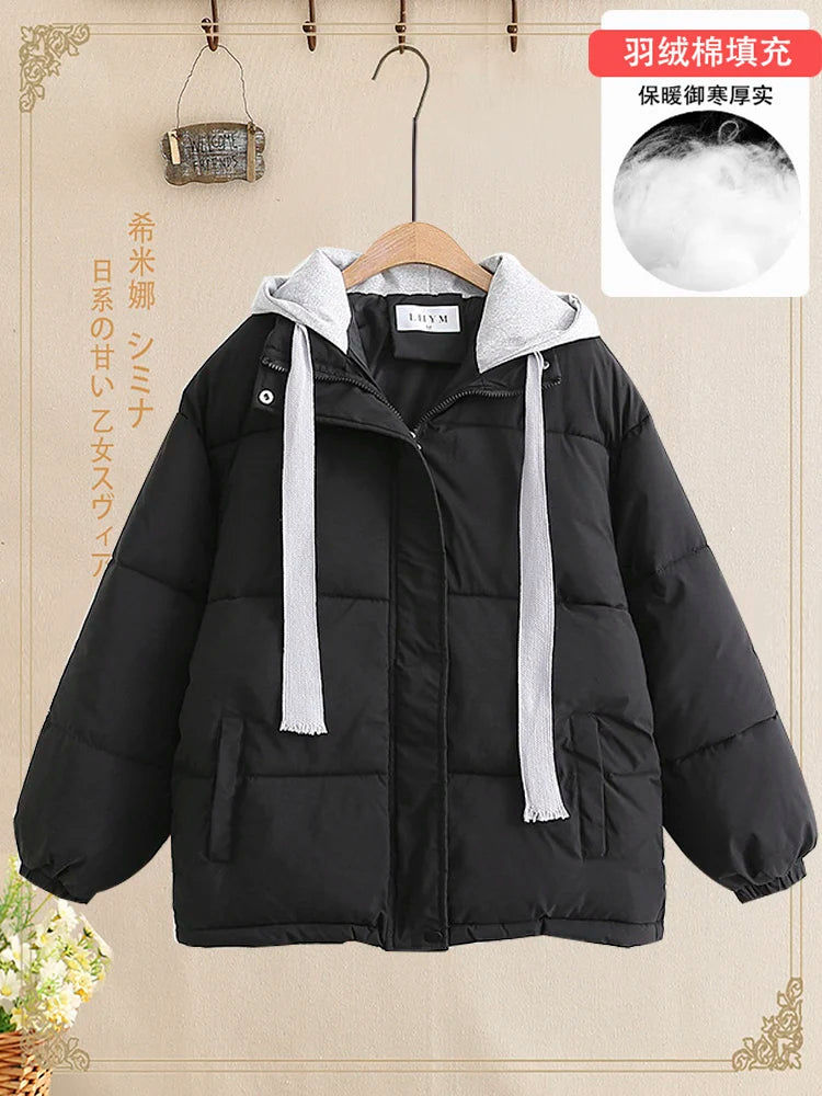 Women Autumn Winter Patchwork Long Sleeve Short Down Cotton Jacket Korean Version Elegant Hooded Bread Coat Casual Trend Fashion