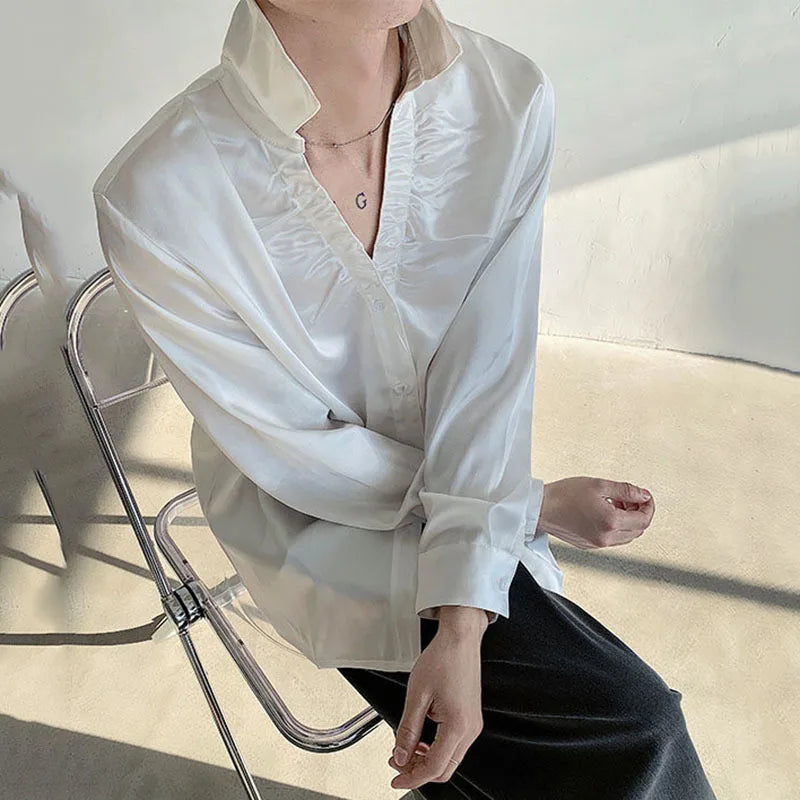 Men's Shirts Long Sleeve New Summer Male Turn-down Collar Trendy Pleated Solid Color Handsome Single Breasted Top 9W1699