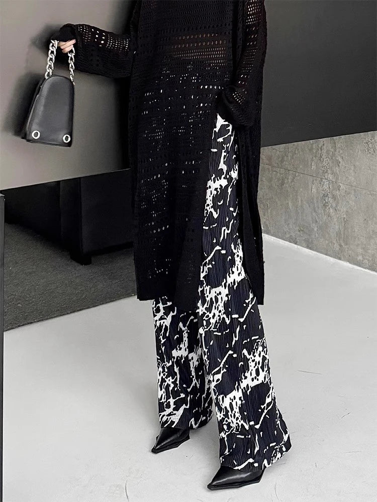 High Elastic Waist Black Pattern Printed Pleated Wide Leg Pants New Trousers Women Fashion Tide Spring Autumn 2025 1DJ1258