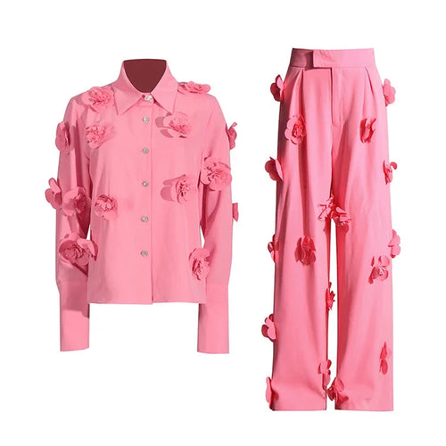 Load image into Gallery viewer, Solid Patchwork Appliques Two Piece Set For Women Lapel Long Sleeve Shirt High Waist Wide Leg Pant Chic Sets Female
