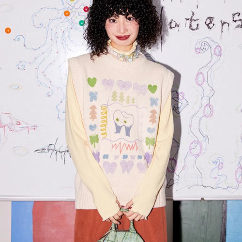 Load image into Gallery viewer, Autumn Grunge Loose Knitted Women's Tanks Casual Cartoon Sleeveless Pullovers Y2k Aesthetic Harajuku Streetwear Sweater Vest
