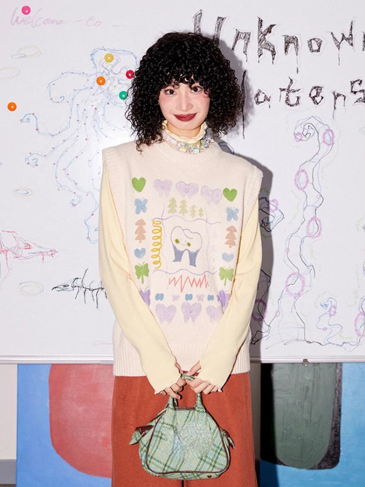 Autumn Grunge Loose Knitted Women's Tanks Casual Cartoon Sleeveless Pullovers Y2k Aesthetic Harajuku Streetwear Sweater Vest