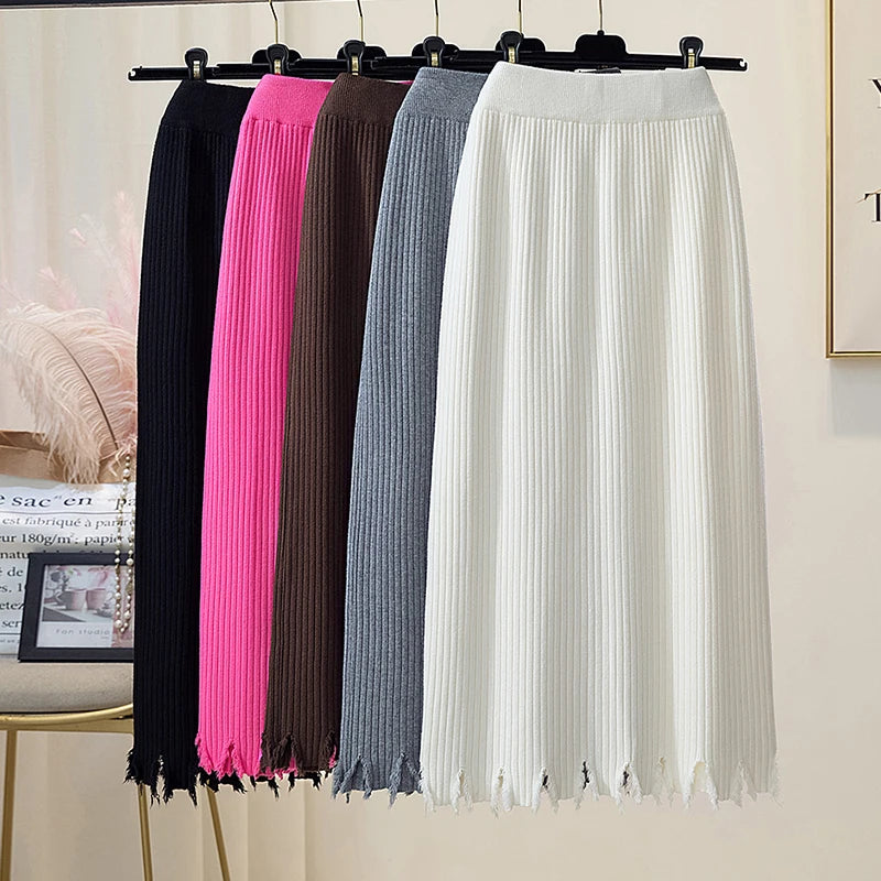 Casual Knitted Midi Pencil Skirt Y2k Women Autumn Winter Elastic High Waist  A-line Split Straight Skirts Female Streetwear
