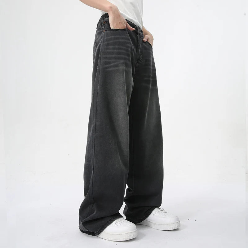 Men's Jeans Summer New Fashion American Style Black-gray Straight Leg Loose Denim Pants Simple Bottoms Menwear 9C5900